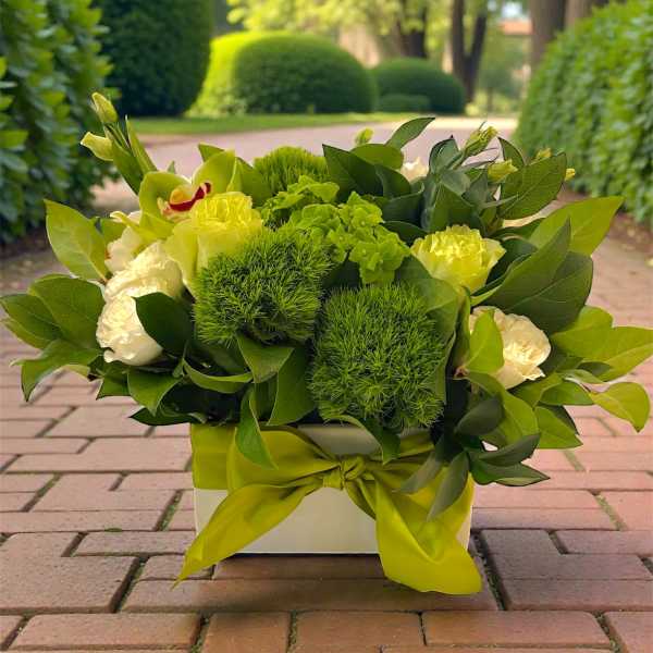 Green and white floral arrangement in a square box with a ribbon