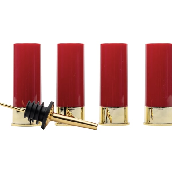 Four red and gold bottle stoppers with one stopper lying in front