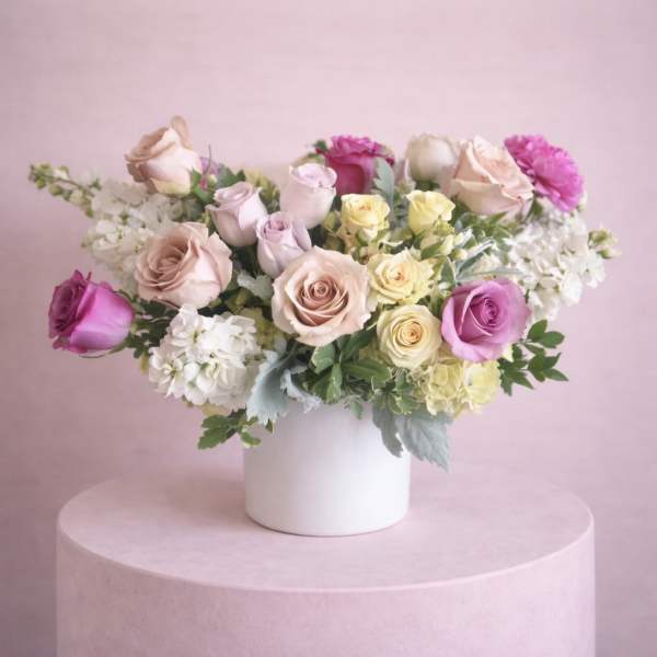 Mixed roses in a white vase on a pink pedestal