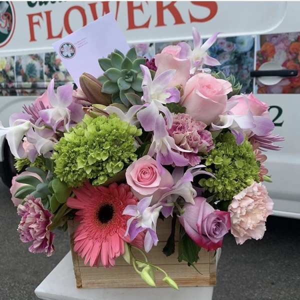 Mixed pink and purple flowers in a wooden box with succulents