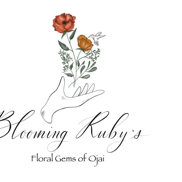 Logo with two orange flowers above a hand and the text Blooming Ruby's
