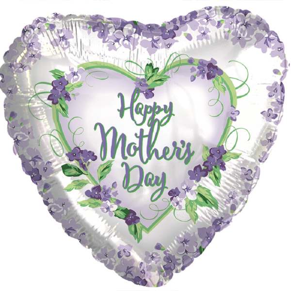 Heart-shaped balloon with "Happy Mother's Day" and purple floral decoration
