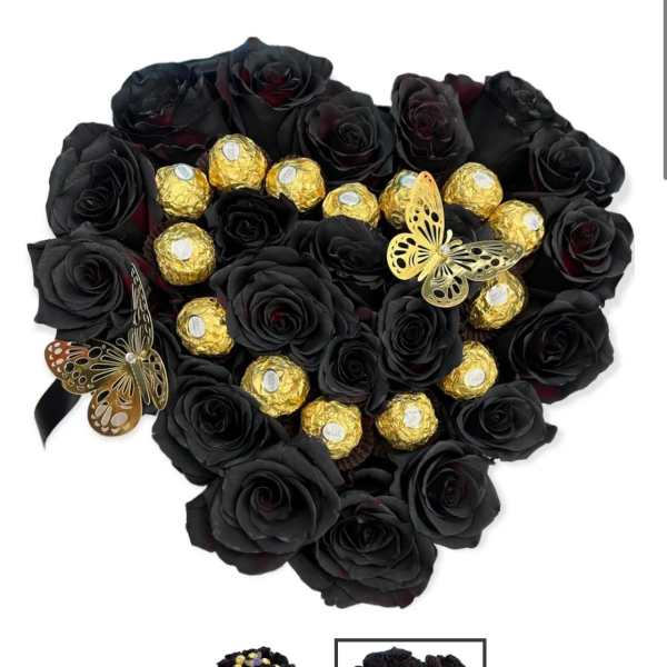 Heart-shaped bouquet of black roses with gold-wrapped chocolates and butterfly accents