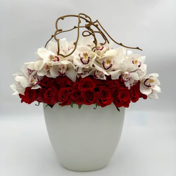 Red roses and white orchids in a white vase with curly branches
