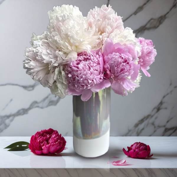 Pink and white peonies arranged in a tall vase