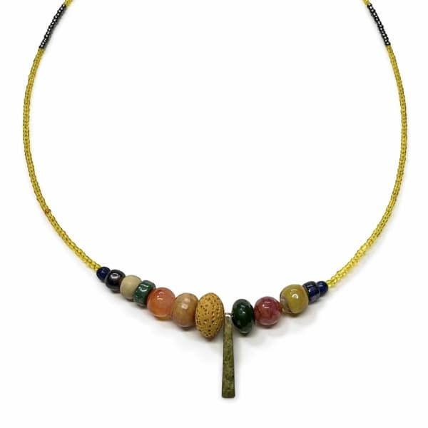 Beaded necklace with multicolored stones and a gold cord