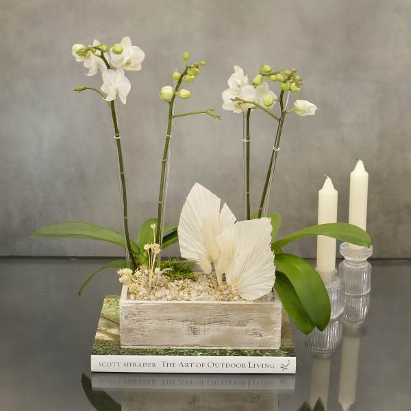 White orchids in a wooden planter with candles beside them