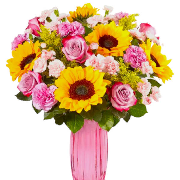 Bouquet of sunflowers, pink roses, and carnations in a pink vase