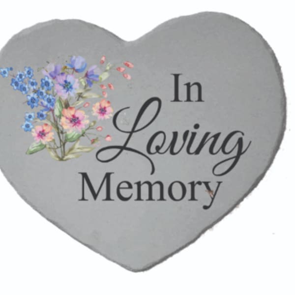 Heart-shaped memorial plaque with floral print and the words In Loving Memory