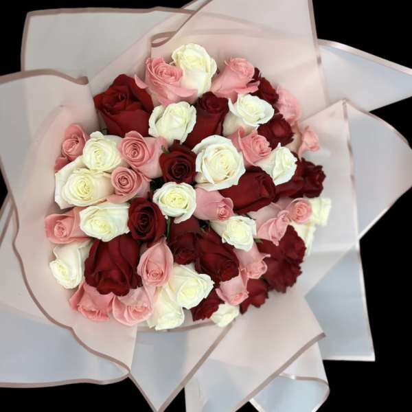 Bouquet of red, pink, and white roses wrapped in pale paper