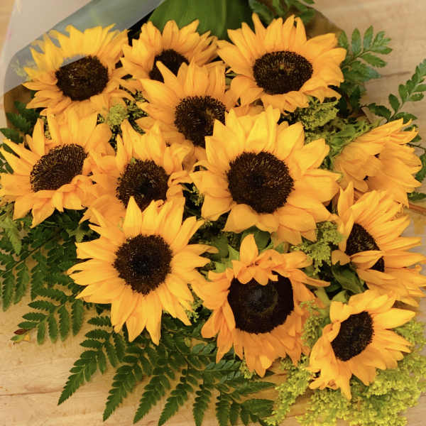 Bouquet of yellow sunflowers with dark centers and green foliage