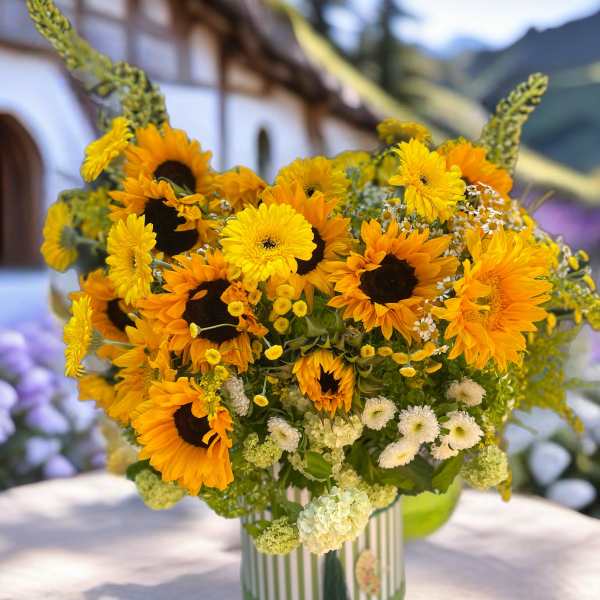 Bouquet of sunflowers and yellow daisies in a striped vase