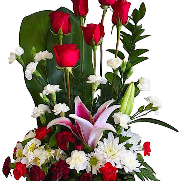 Tall floral arrangement with red roses, pink lilies, and white daisies in a black container