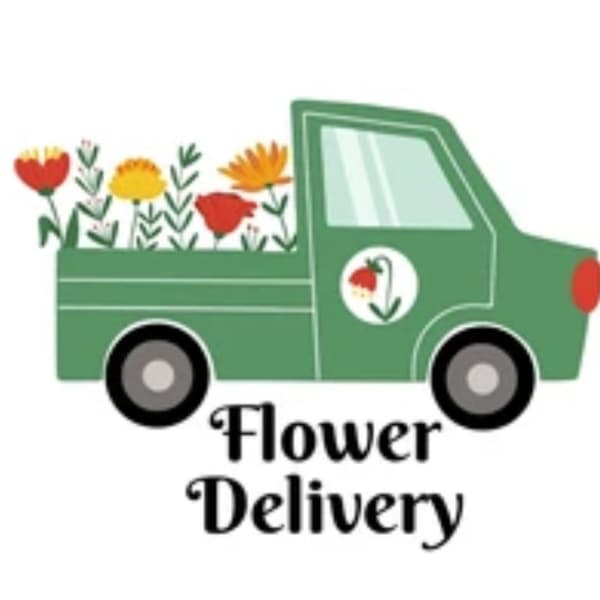 Illustration of a green flower delivery truck with flowers in the bed
