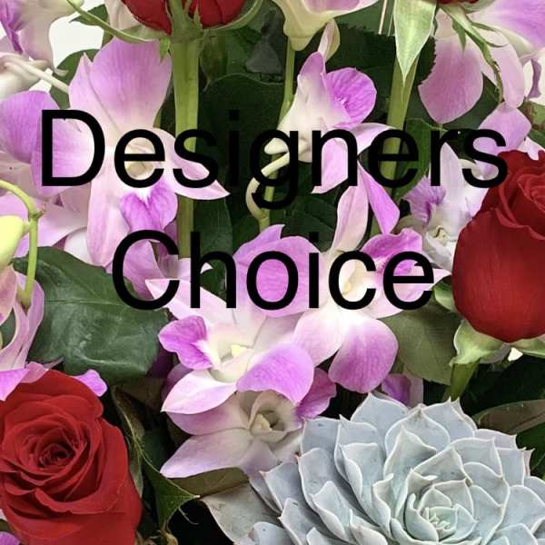 Red roses and purple orchids with a pale blue succulent