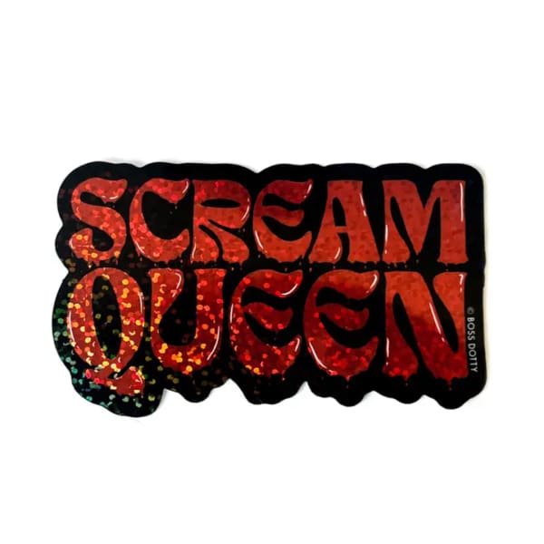 Black sticker reading "SCREAM QUEEN" in red glitter letters