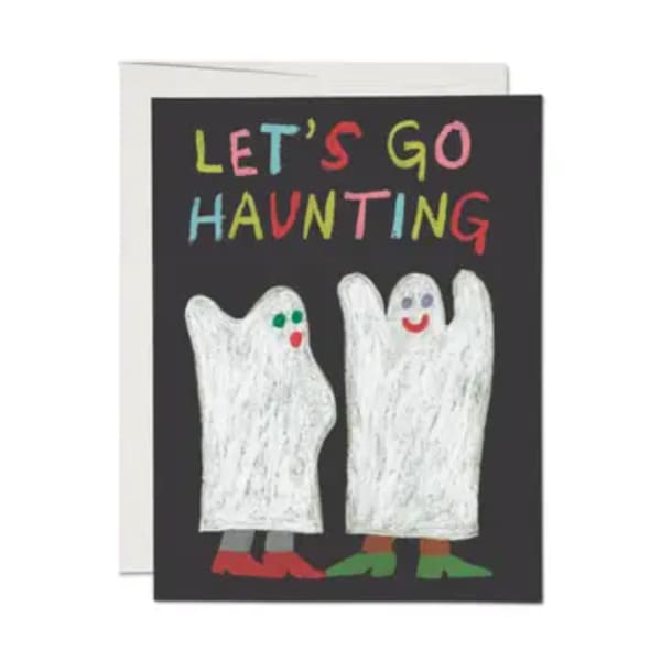 Halloween greeting card with two cartoon ghosts and colorful text
