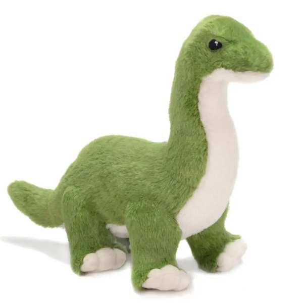 Green plush dinosaur toy with a white belly on a white background
