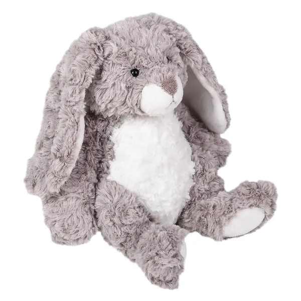 Gray plush bunny with floppy ears and white belly on a white background
