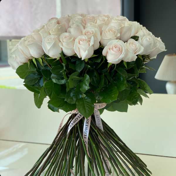 Bouquet of pale pink roses with long stems and ribbon ties