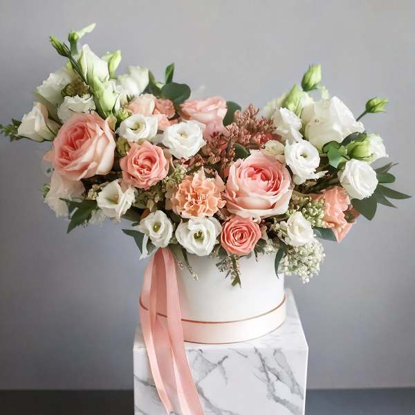 Pink and white rose bouquet in a white hat box with a pink ribbon