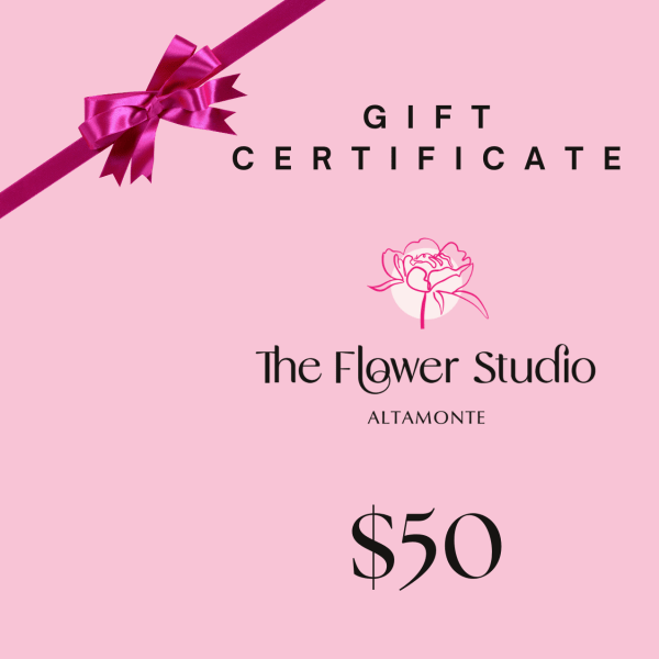 Pink gift certificate with a ribbon bow and flower studio logo