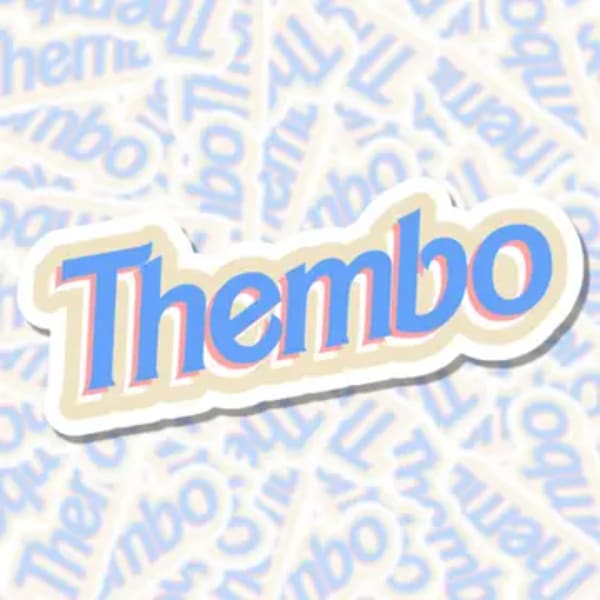 Sticker with the word "Thembo" in blue and pink on a patterned background