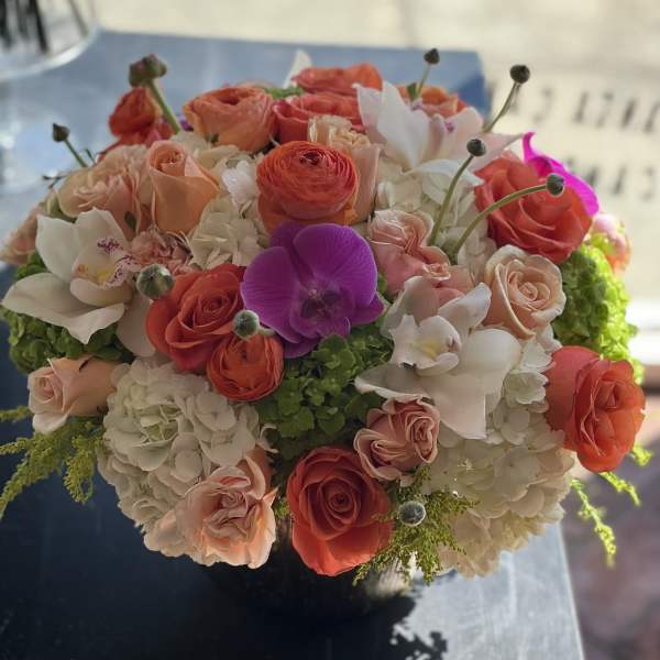 Round bouquet of coral and blush roses with white orchids and hydrangeas