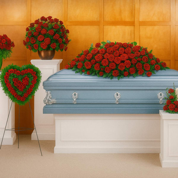 Red rose funeral casket spray with matching standing arrangements