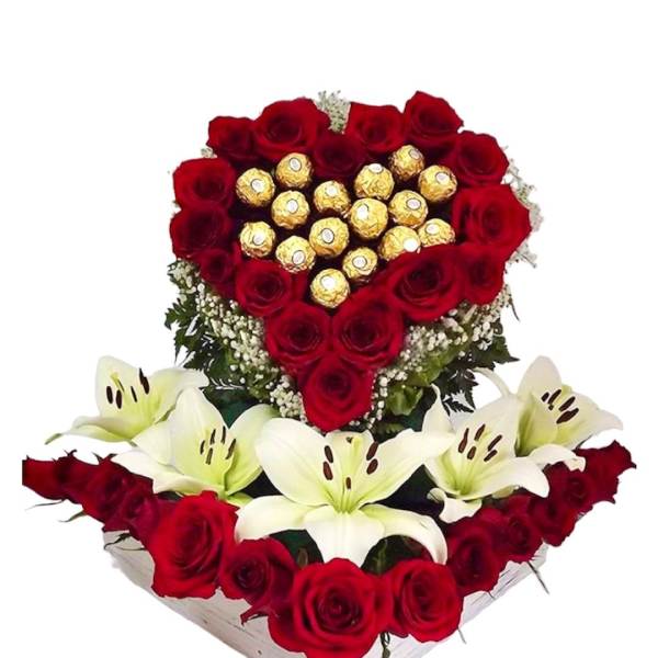 Heart-shaped rose arrangement with lilies and chocolates in a white box