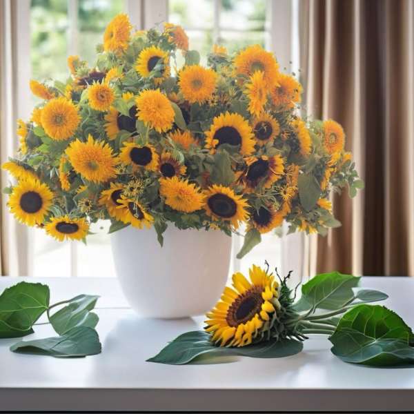 Large bouquet of sunflowers in a white vase with loose leaves on a table