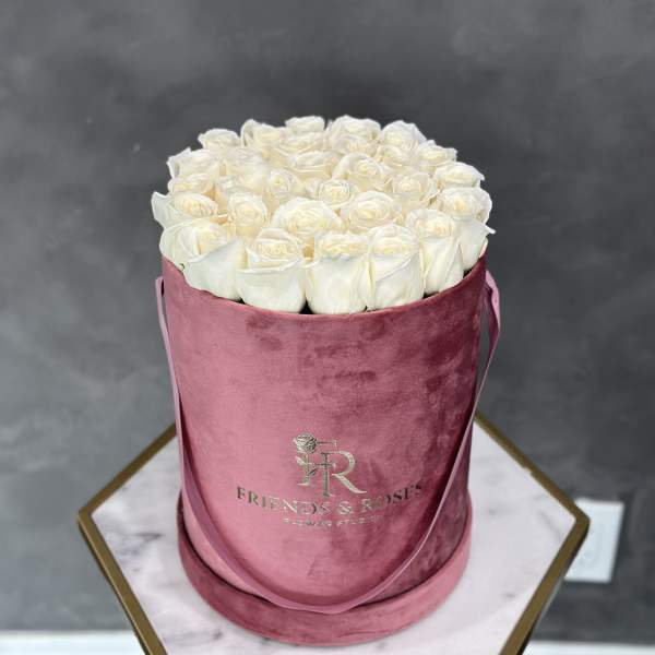 White roses arranged in a pink velvet hat box