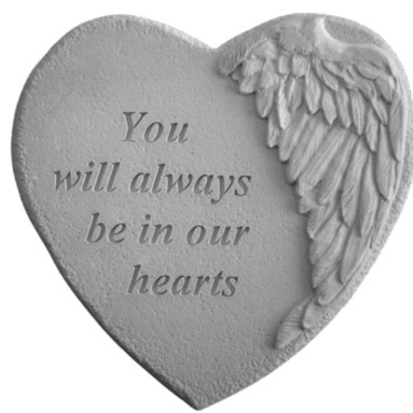 Heart-shaped memorial plaque with angel wings and engraved text