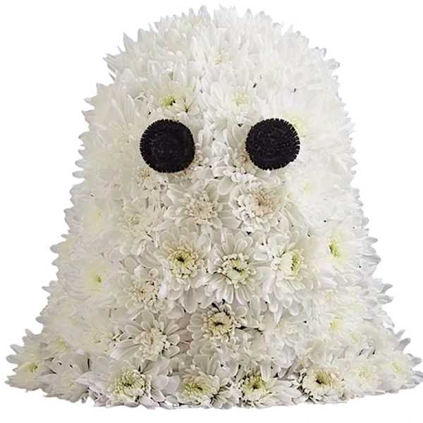 White chrysanthemum arrangement shaped like a ghost with black eyes