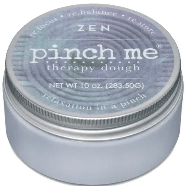 A small tin of pinch me therapy dough with a silver lid