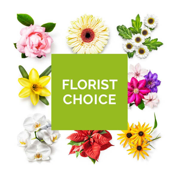 Florist choice graphic with assorted flowers around a green square