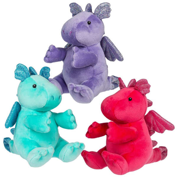 Set of three plush dragon toys in teal, purple, and red with sparkly wings