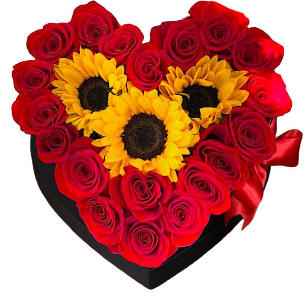 Heart-shaped box of red roses with three sunflowers