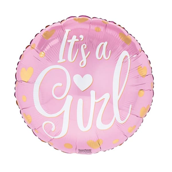 Pink round balloon with "It's a Girl" text and heart accents