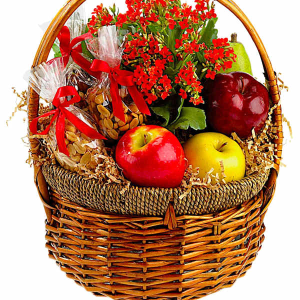 Basket of red flowers with fruit and wrapped snacks