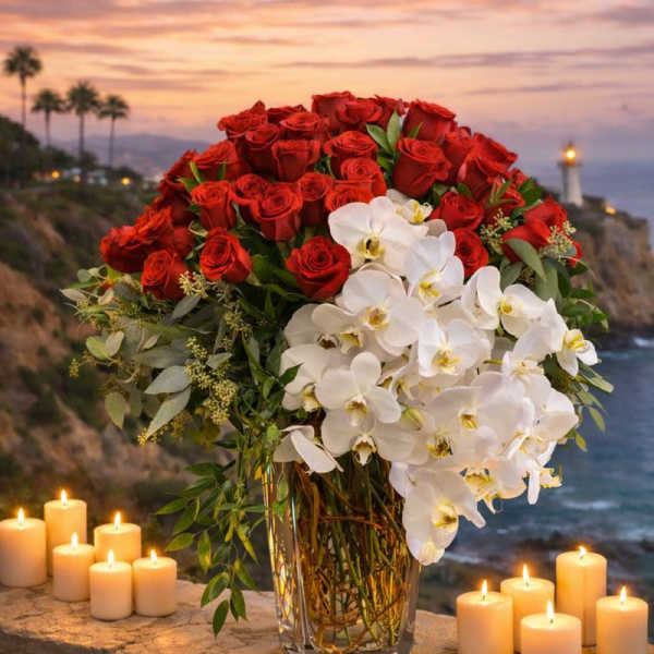 Red roses and white orchids arranged in a glass vase with candles nearby