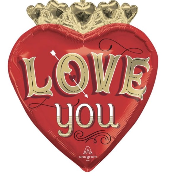 Heart-shaped red foil balloon with gold crown and "LOVE you" text