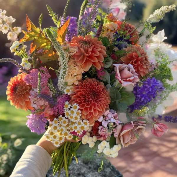 Handheld bouquet of orange, pink, purple, and white flowers
