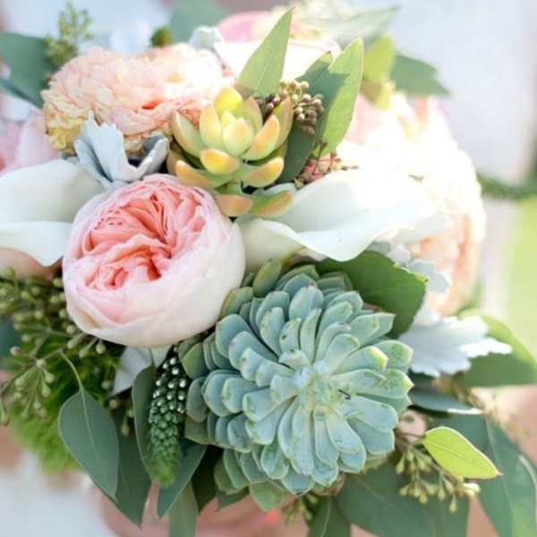 Pastel bouquet with pink blooms and blue-green succulents