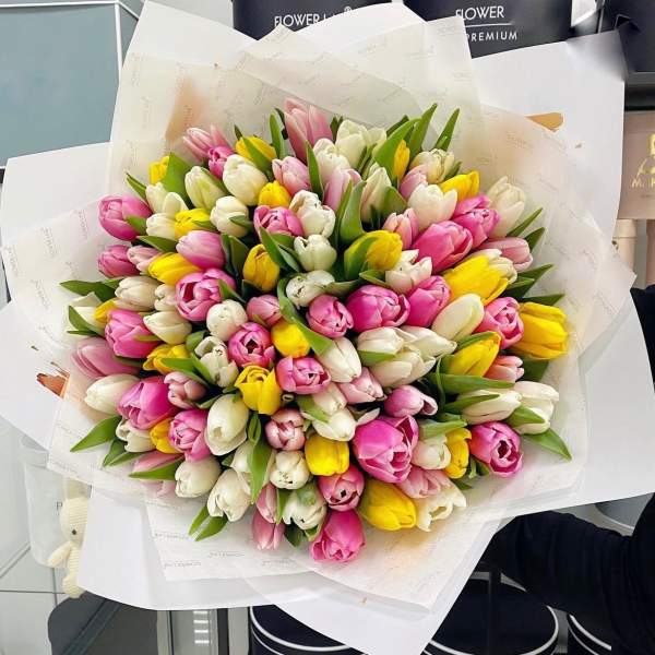 Large bouquet of pink, white, and yellow tulips wrapped in white paper