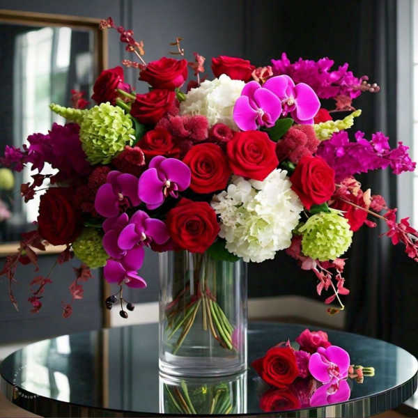 Bouquet of red roses, white hydrangeas, and purple orchids in a glass vase
