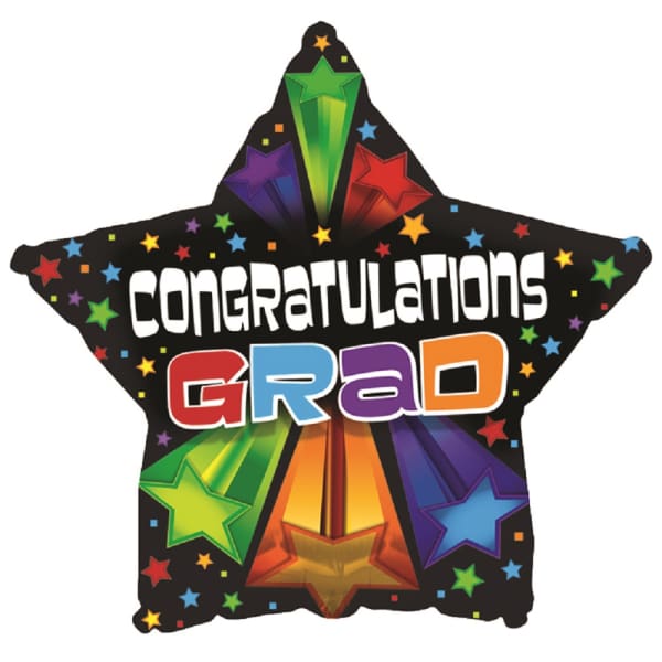 Star-shaped graduation balloon with colorful "Congratulations Grad" text