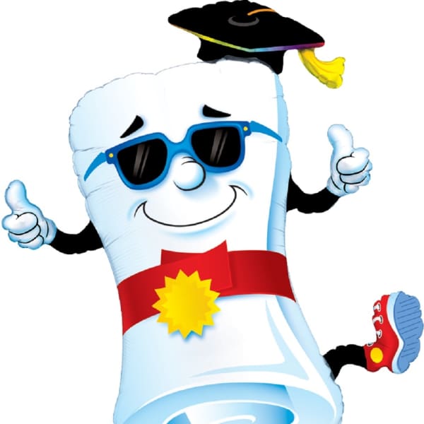 Cartoon graduation-themed balloon character with sunglasses and cap