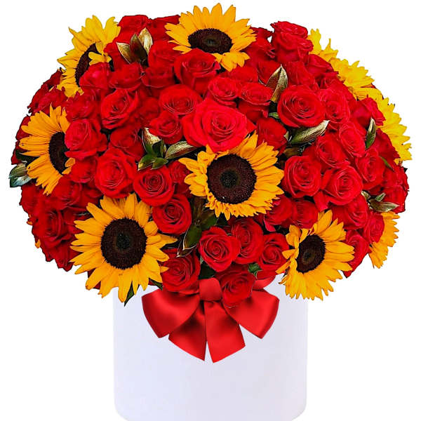 Red roses and yellow sunflowers in a white hat box with a red ribbon