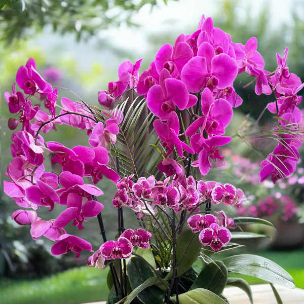 Pink orchids arranged in a gold textured bowl planter